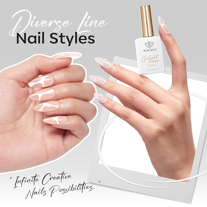 modelones White French Tip Liner Gel Polish, 15 ML Classic Color Nail Art Paint Swirl with Upgraded Fine Line Brush Soak Off U V DIY Home Salon Professional Manicure Design Gift for Women