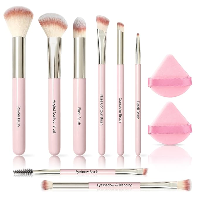 SOYOK Makeup Brush Set, Premium Synthetic Makeup Brushes with 2 Puffs, 8 Pcs Make up Brushes for Powder Concealers Eye Shadows Blush, Brush Kit with Gift Box for Beginners Professional Travel (Pink)