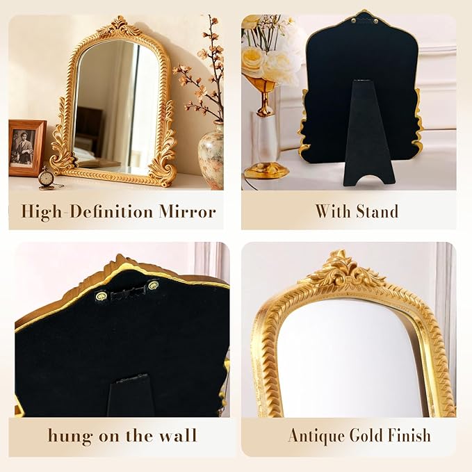YUSONG Vintage Gold Mirror for Desk - 12" Vanity Mirrors with Resin Frame Decorative Wall Art for Tabletop Living Room Retro Decor