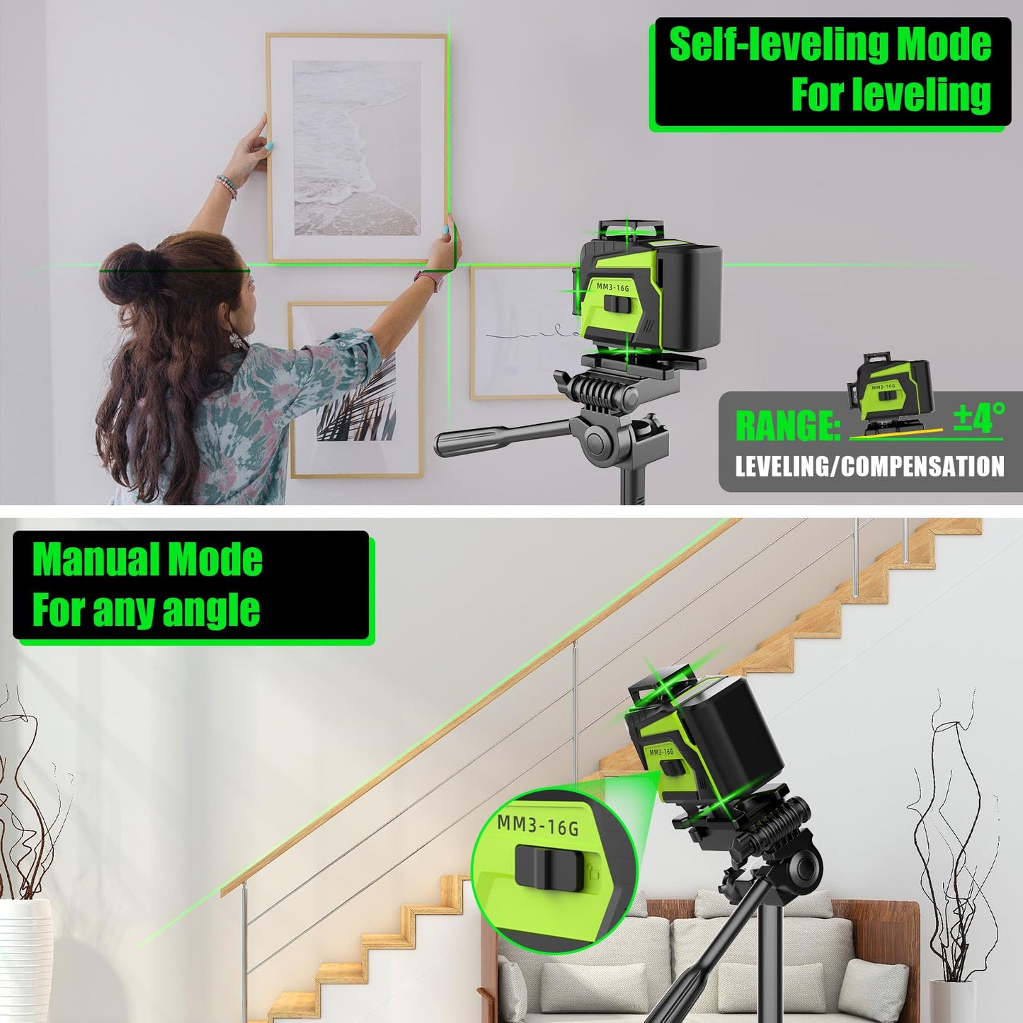 16 Line Laser Level with Tripod,4x360° Self Leveling Laser Level with 2 Batteries,4D Laser Level 360 Self Leveling,Green Line laser Level Tool for Construction,Picture Hanging,Home Renovation