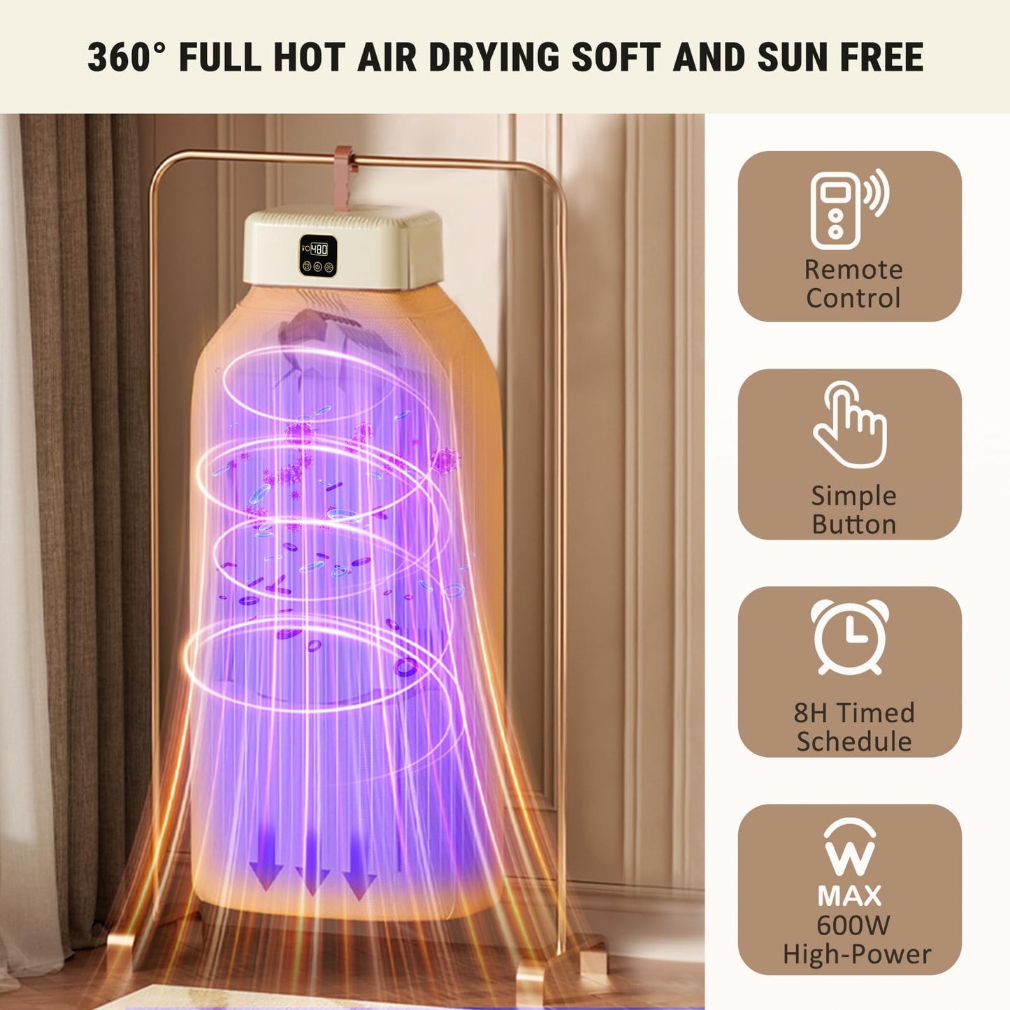 Portable Clothes Dryer, 8H Timer, w/Remote Control & Dry Bag, Mini Compact Foldable Fast Electric Dryer Machine for Laundry, Travel, Apartment, RV, Dorm, Quiet 45dB, Energy Save, 600W