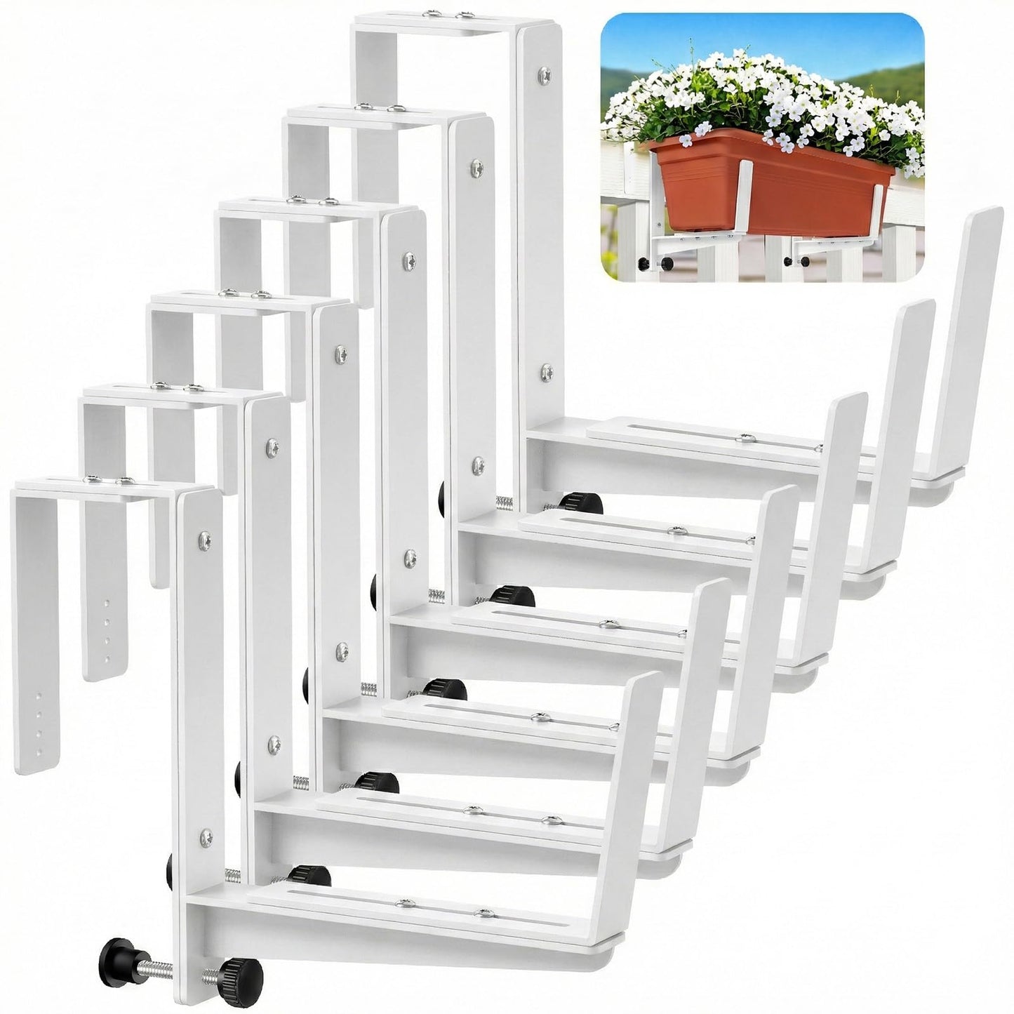 Window Box Brackets, Adjustable Planter Box Brackets, Heavy Duty Iron Flower Box Brackets for Railings, with Enhanced Bottom Support - Perfect for Balconies, Fences, and Gardens (White, 4 Pack)