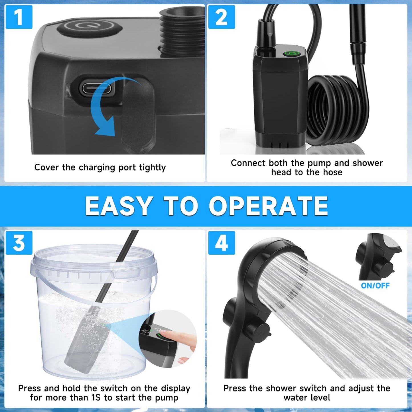 vignuto Portable Shower for Camping, Rechargeable Camping Shower kit with LED Display of Battery Level and Temperature, Lasting-150 Mins, Suitable for Outdoor Shower, Pet Bath, Car Washing
