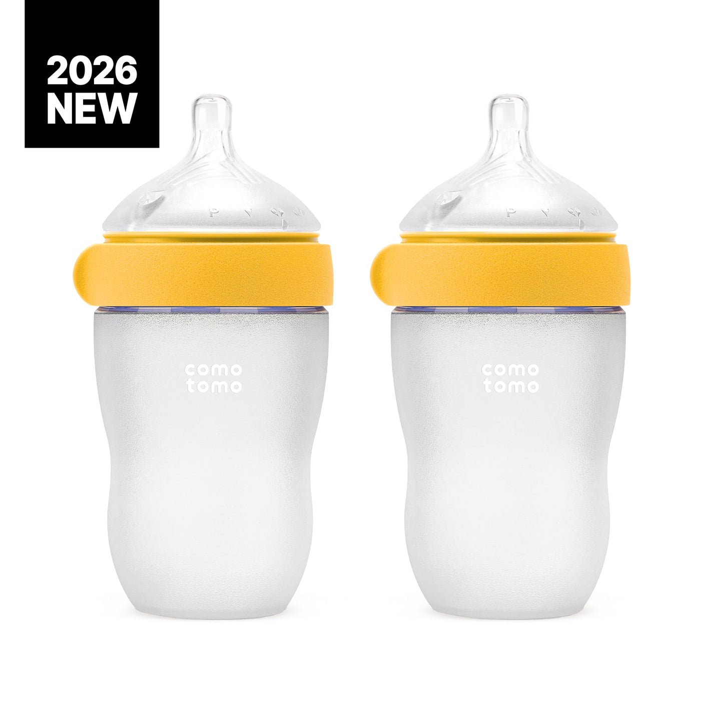 Comotomo Silicone Baby Bottle Gen 2 – 2026 Release (8oz) – Soft, Wide-Neck Bottle for Comfortable Feeding with Dual Anti Colic Vents (Includes Medium Flow Nipples), Yellow (Double Pack)