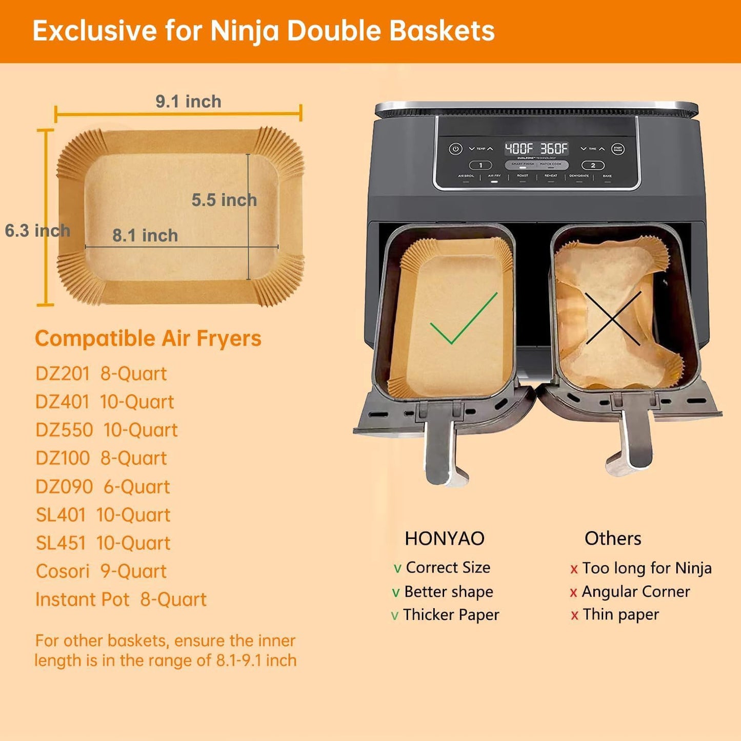 HONYAO Air Fryer Paper Liners for Dual Zone Airfryer, 200pcs 8.1x5.5 inch Rectangle Disposable Inserts for Ninja Foodi DZ201 DZ401 DZ550 other 8-10 qt 2-Basket Air Fryers, Food Grade BPA Free