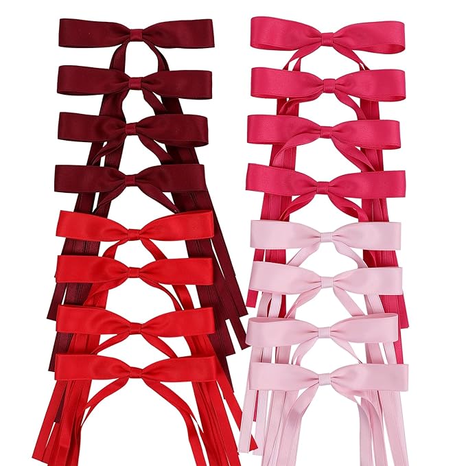 Hair Bows Clips Coquette Ribbon Bowknot with Long Tail Princess Hair Bows French Barrettes Hair Accessories for Women Girls 16PCS (Red, Rose red, Wine red, Pink)