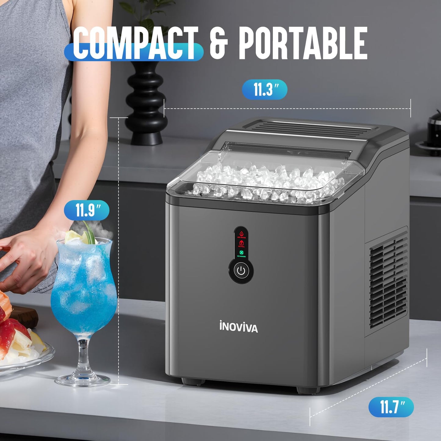 INOVIVA Nugget Ice Maker Countertop – 6 Mins Fast Ice Production, FLASHCHILL™, 26.5 LBS/Day, Self-Cleaning, Compact Portable Design, Ideal for Home, Office & Parties