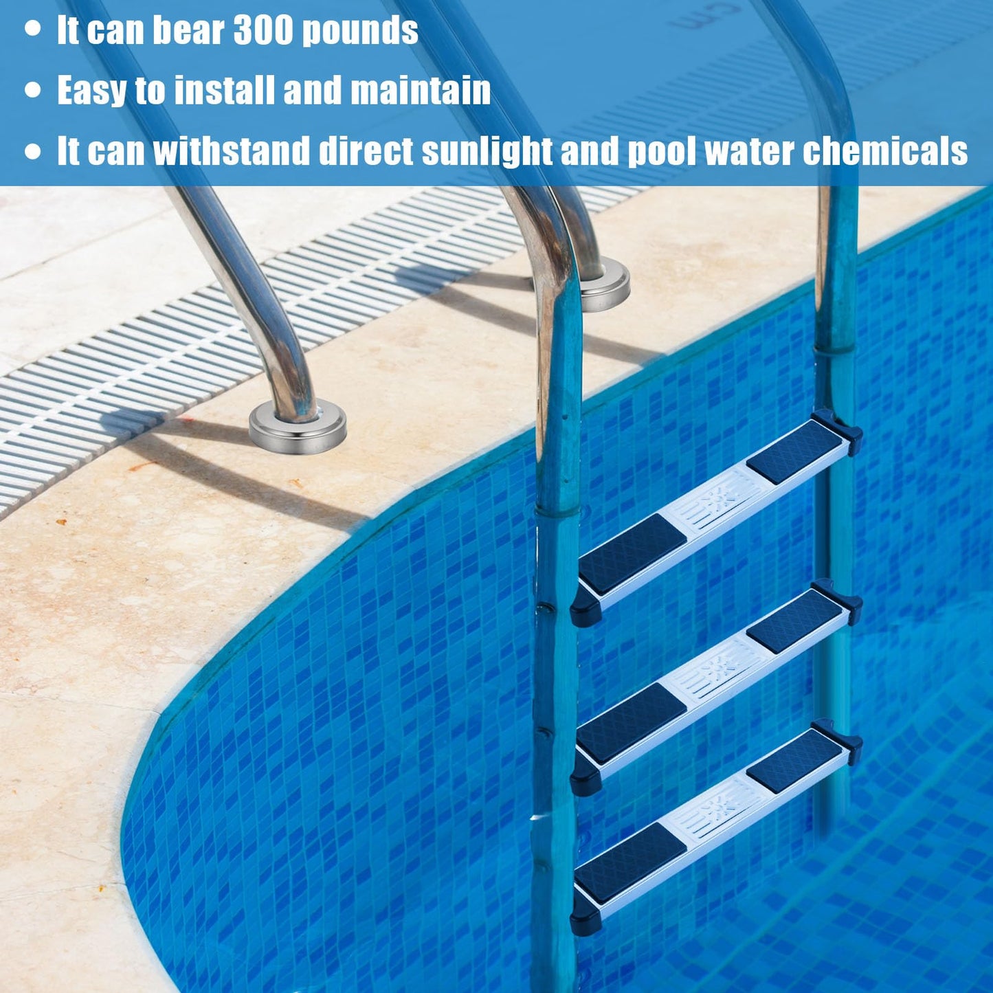 XLSXEXCL 3 Pack Stainless Steel Swimming Pool Ladder Steps with Pool Ladder Bumpers & Pool Ladder Escutcheon Plates, 18'' Heavy Duty Replacement Pool Ladders for Inground Swimming Pools