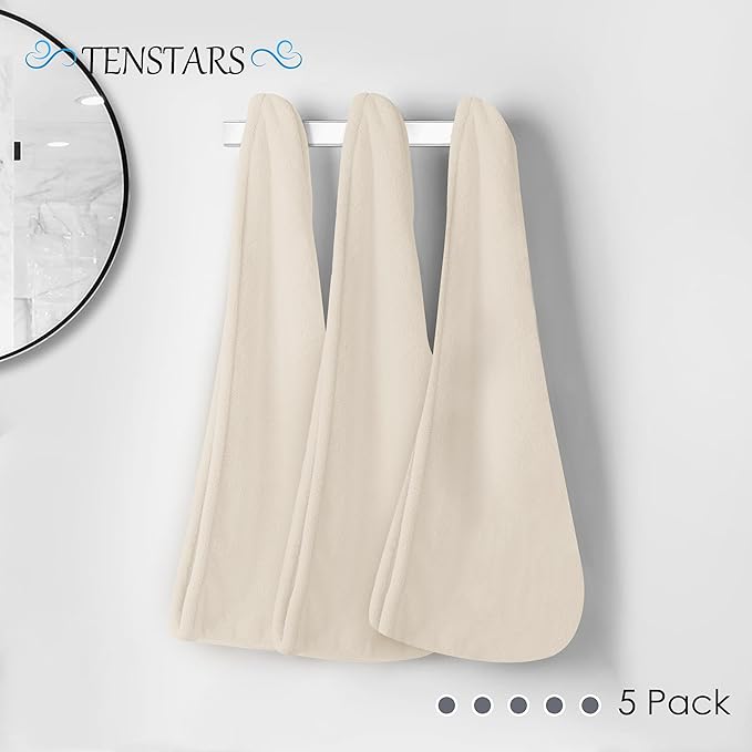 TENSTARS 5 Pack Thicken Microfiber Hair Towel Wrap for Women - Elastic Loop Design - 320GSM Coral Velvet - Quick Dry Hair Turban - 11x28 Inch (Pink+FrozenBerry+FrozenBlue+Teal+Cream)