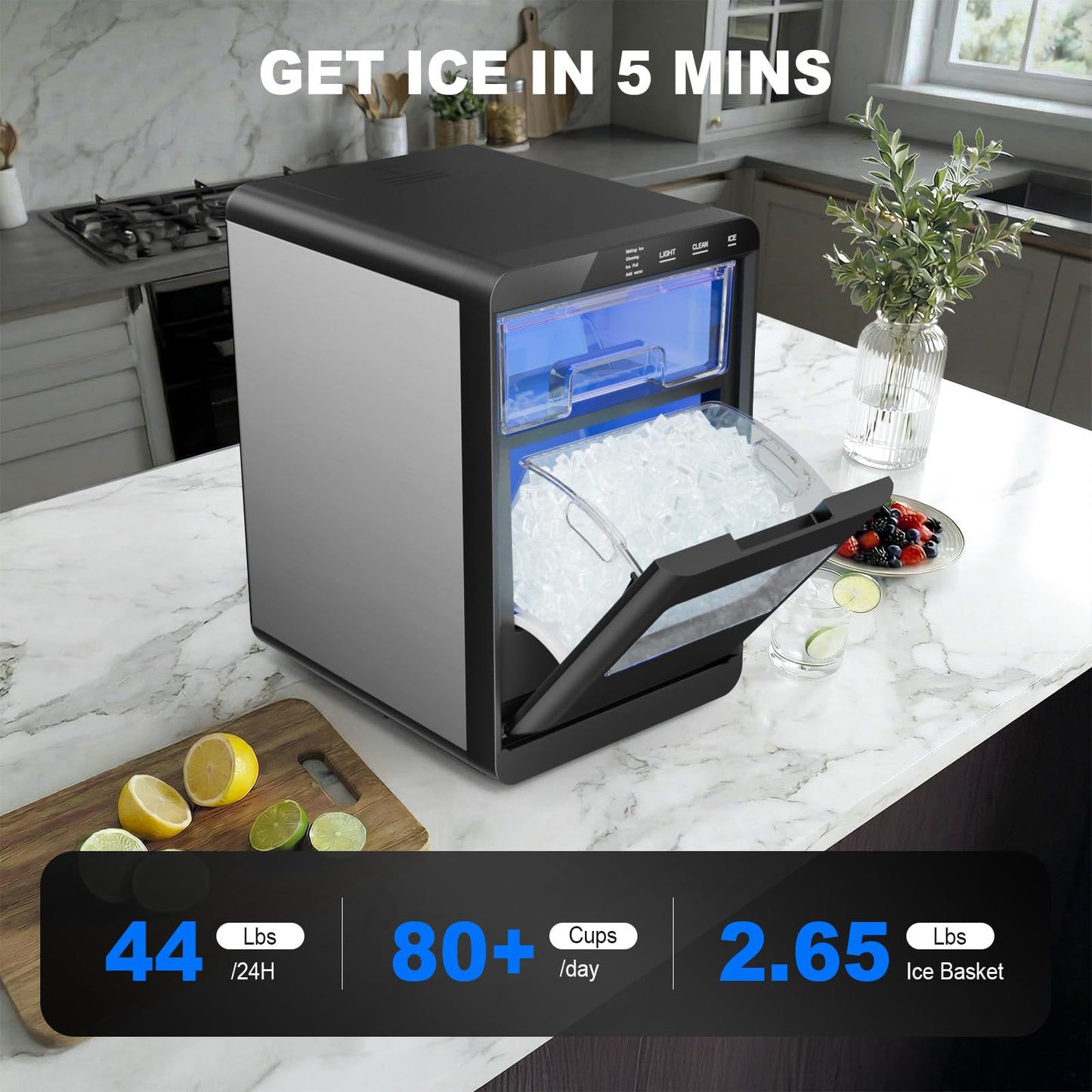 Nugget Ice Maker Countertop, 44lbs/24h Nugget Ice Machine, Soft Ice Ready in 5-10Mins Pellet Ice Maker, Self-Cleaning Sonic Ice Maker for Home, Kitchen, Office, Party