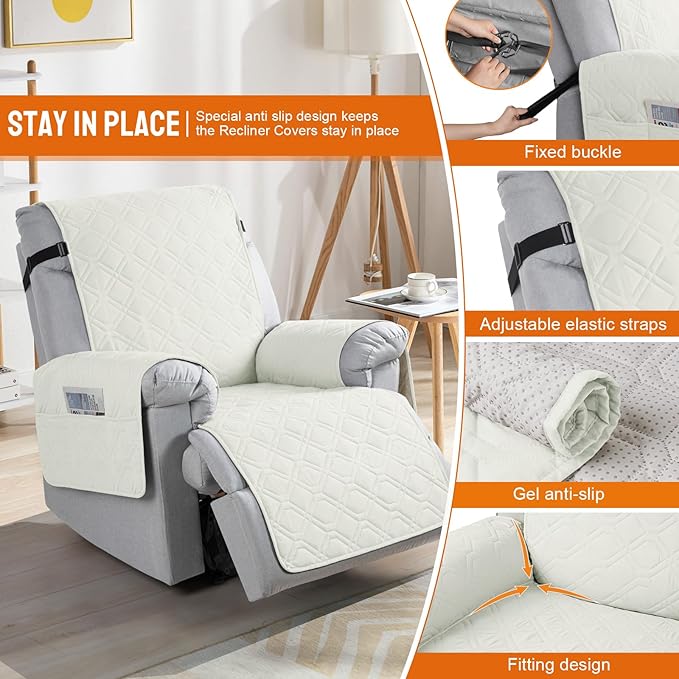 VANSOFY 100% Waterproof Recliner Chair Covers, Recliner Cover Non-Slip Dog Chair Cover Furniture Protector Washable Slipcover with Pocket, Elastic Straps for Pets, Dogs(Off White, 20")