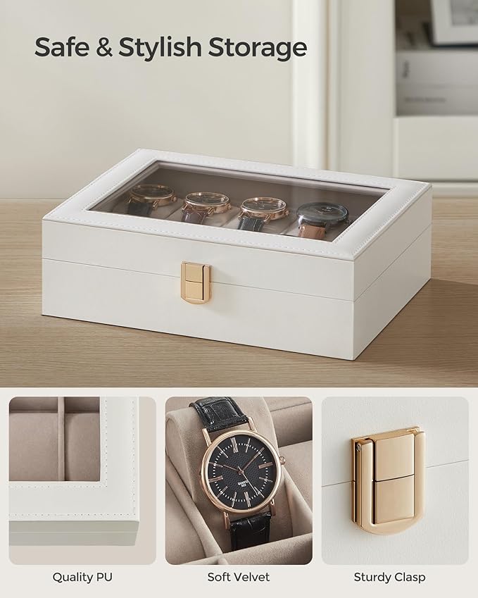 SONGMICS Watch Box, 10-Slot Watch Case Organizer with Large Glass Lid, Removable Pillows, Gift for Loved Ones, Cloud White Synthetic Leather, Cappuccino Beige Lining UJWB010W01