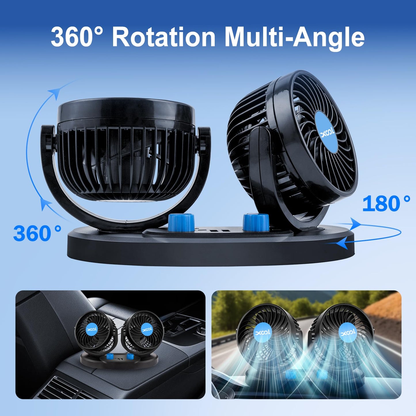 XOOL 12V Dual Head Car Fan – 2-Speed 360° Rotatable Cooling Fan with 2 USB Charging Ports Quiet Strong Airflow for Truck, Van, SUV, RV & Boat