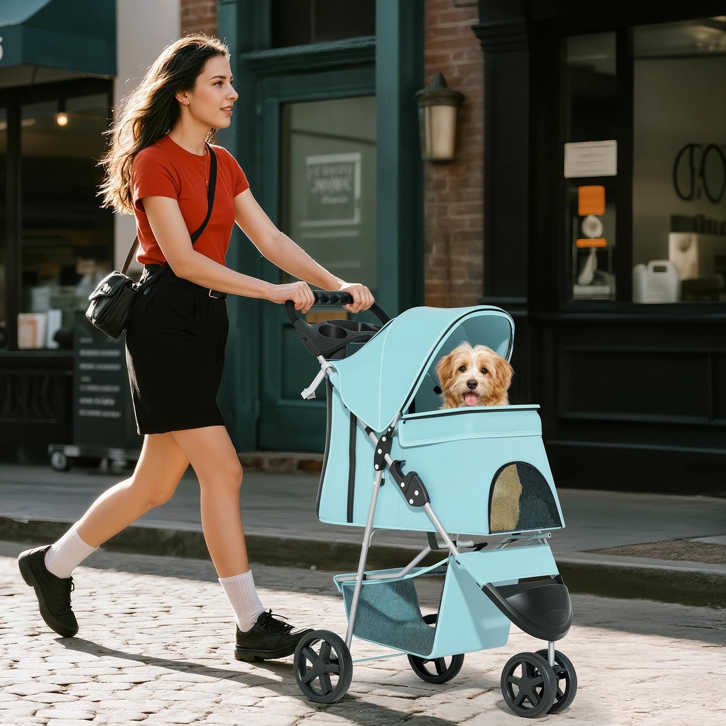 Pet Stroller for Small Dogs 10 lbs, Dog Stroller for Medium Dogs 30 lbs, Cat Strollers for 2 Cats, 3 Wheels Foldable Jogger Puppy Stroller with Storage Basket and Cup Holder, Mint