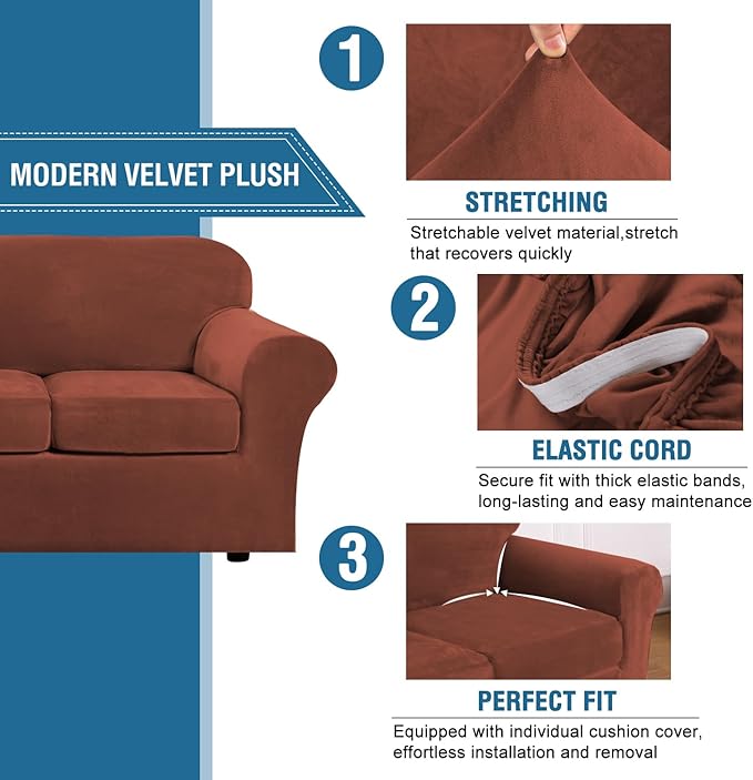 H.VERSAILTEX Real Velvet Plush 3 Piece Stretch Sofa Covers Couch Covers for 2 Cushion Couch Sofa Slipcovers (Base Cover Plus 2 Large Cushion Covers) Thick Soft Stay in Place (Large Sofa, Rust