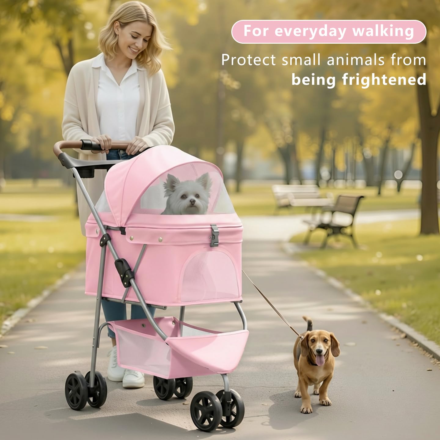 Pet Stroller for Small/Medium Dogs and Cats, Foldable 3 Wheel Jogger with One-Click Fold, Breathable Mesh, Storage Basket, Cup Holder, Weather Cover, (Pink)
