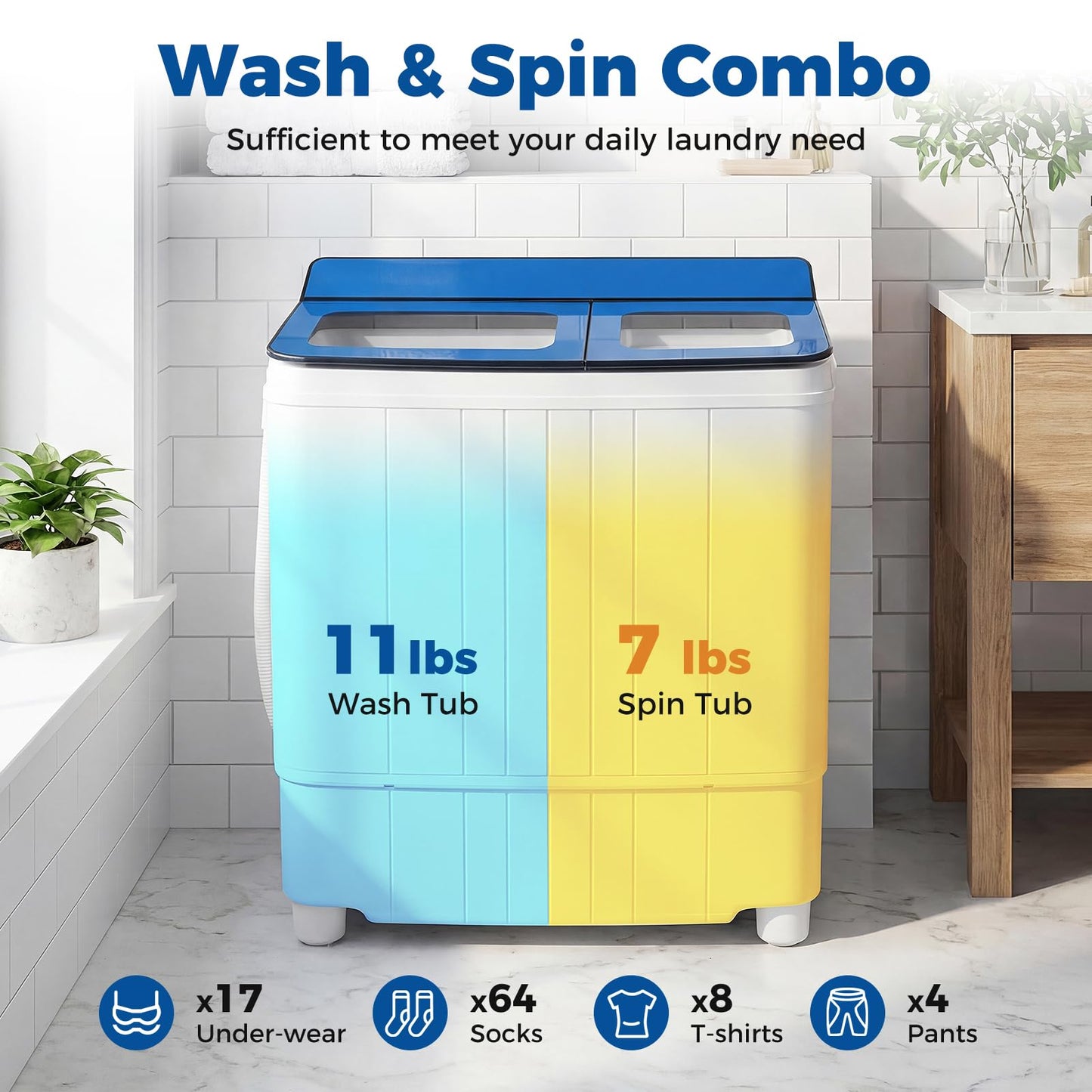 Giantex Portable Washing Machine, 18LBS Twin Tub Mini Compact Laundry Washer Spinner Combo with Drain Pump, 11Lbs Washer and 7Lbs Spinner for Apartments, RVs, Dorms, Blue+White