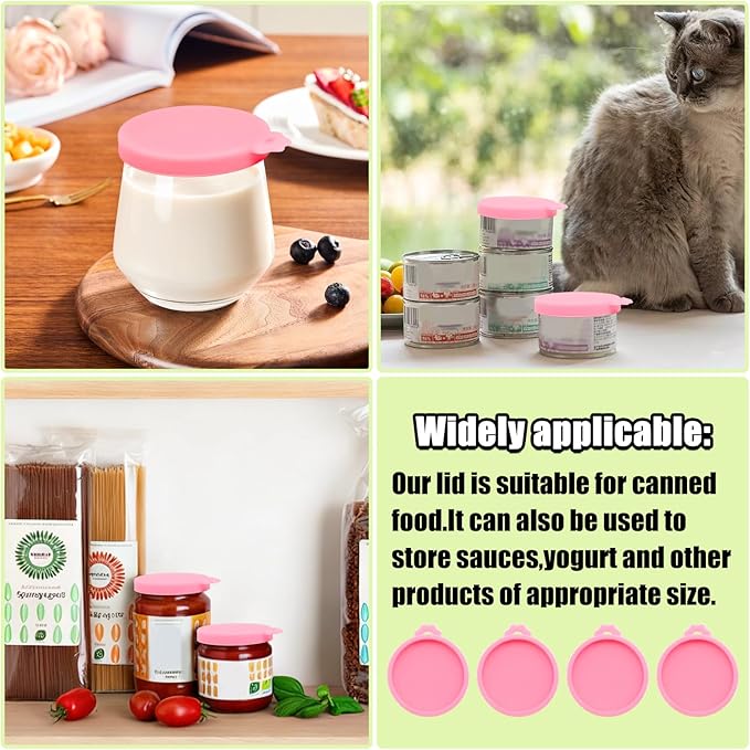 PINE & LINEN 4 Pcs 2.5inch Durable Pet Can Lids, Silicone Small Pet Can Covers Waterproof Cat Food Cans Lids for 3 oz Cat Food Cans（Pink）