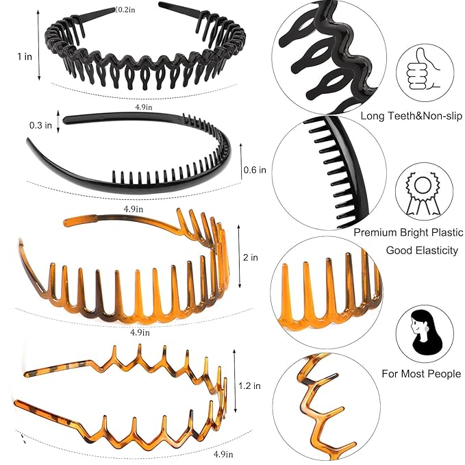 ULTIMUTE 8 PCS Fashion Effortless Plastic Headbands with Teeth Comb Black Skinny Headbands No Slip Hair Accessories Bands for Women Men Teen Girls, Amber&Bright Black