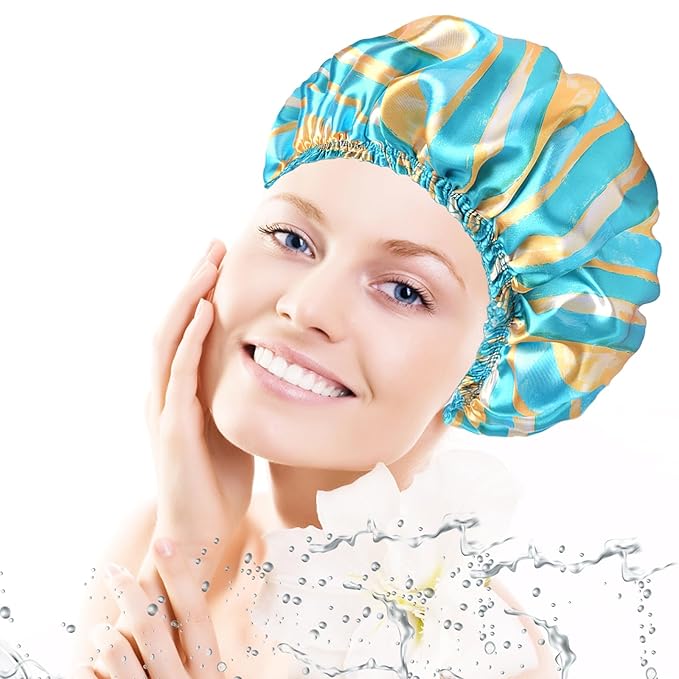 4 PCS Shower Cap for Women, Elastic and Reusable Bath Caps, Double Layers Shower Caps Reusable Waterproof, Bathing Shower Caps, Environmental Bath Hair Protection Cap - Stripes