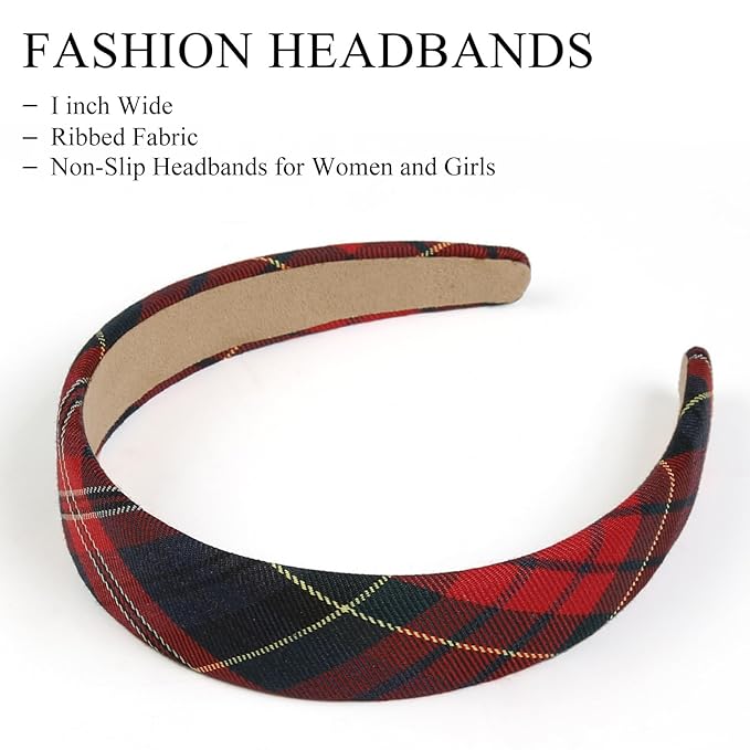 Huachi Plaid Headbands for Women Red Headband Non Slip 1 inch Wide Cute Headband for Girls, Holiday Head Bands Elastic Hair Bands Fashion Hair Accessories