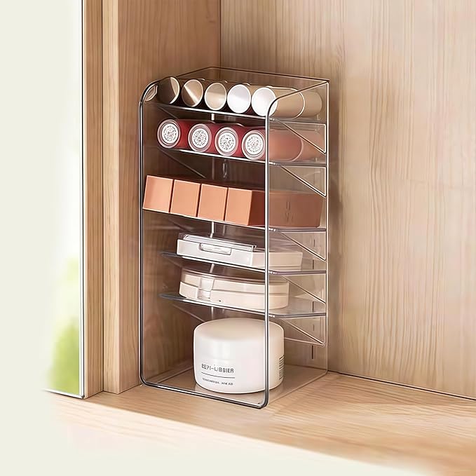 PAVSTINE Medicine Cabinet Organizer with Adjustable Dividers, Clear Vertical Layered Backward Slanting Shelves for Pressed Powder/Lip Gloss/Mascara Storage (5-Tier Gentle Slant)