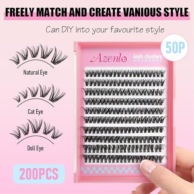 Azenlo Natural Lash Clusters Kit Wispy Eyelash Clusters 120 pcs Cluster Eyelash Extensions C Curl Individual Lashes 10-16 mm Mix Length Natural Look (50D KIT 120 Pcs)