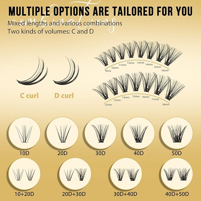QUEWEL Lash Clusters 320Pcs Cluster Lashes 30D D Curl Lash Cluster Eyelash Extensions Mix9-16mm Individual Eyelashes Clusters Wispy Lash Clusters Thin Band Soft to Use at Home(30D D Mix9-16)