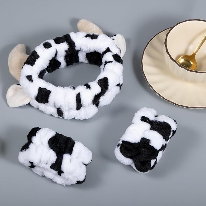 Plush Wash Face Headband Cow Print Spa Wrist Band Cuffs Hair Scrunchy Women Girls Facial Makeup Skincare Bath Head Wrap Kids Costume Party Supply Birthday Gift