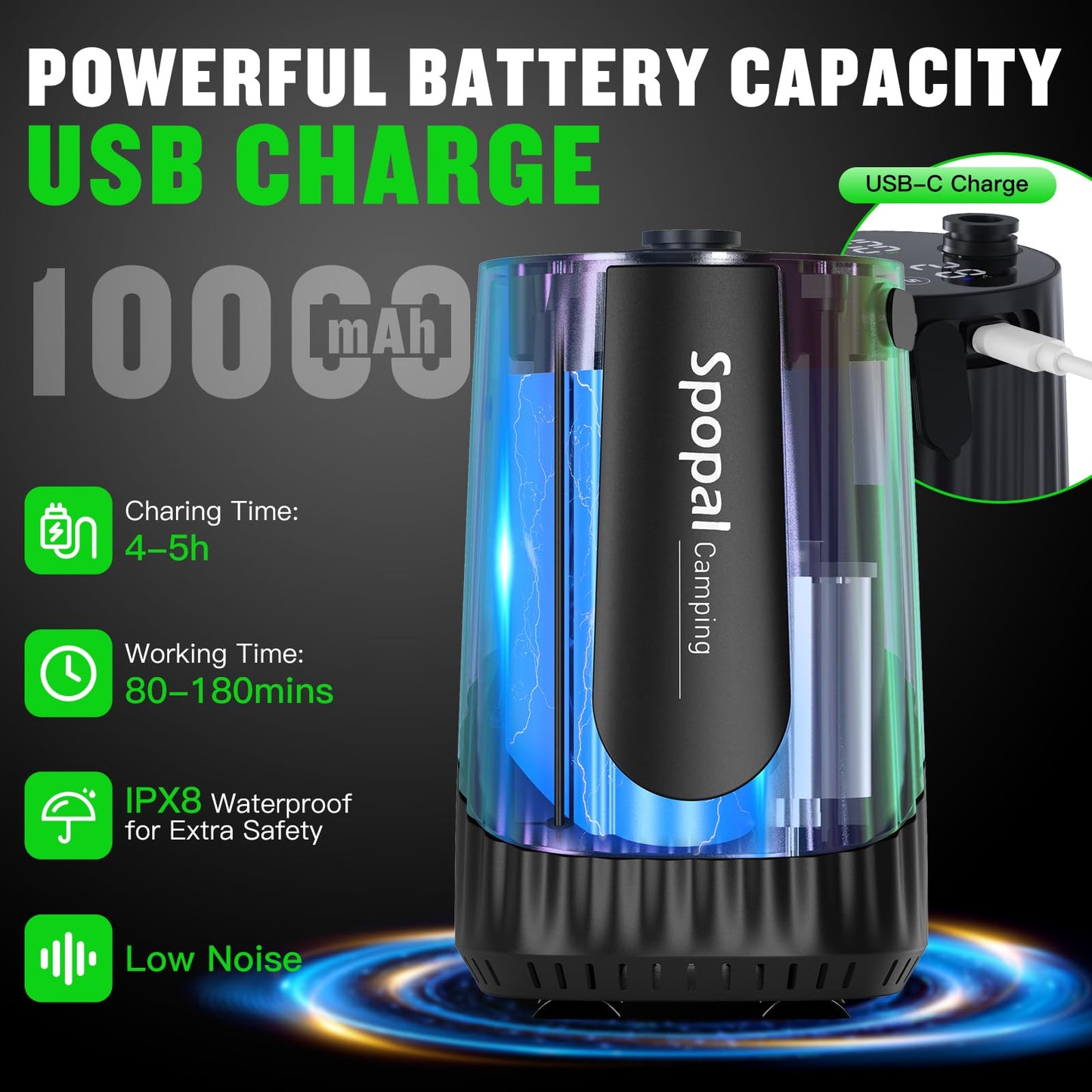 Portable Shower for Camping, [Upgraded] Spopal 10000mAh Rechargeable Camping Shower with 5 Adjustable Speeds,Premium LED Display, IPX8 Waterproof Outdoor Shower Kit for Hiking, Car, Pet, Travel (BK)