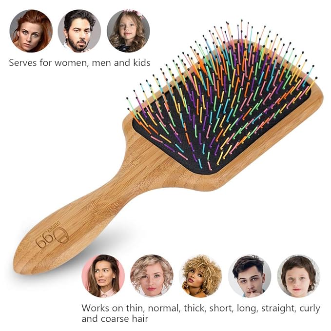 BLACK EGG Paddle Detangling Hair Brush for Women Girls, Rainbow Nylon Brush for Thick Thin Curly Hair, Includes Wooden Detangler Comb and 3 Hair Ties, Valentine’s Day Gift