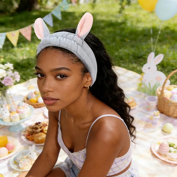 YISSION Cute Bunny Ear Spa Headband and Wristband Set for Women and Girls - Soft Plush Makeup Headband with Wrist Towels for Face Washing, Skincare, Shower, Easter Party Favors (Gray)