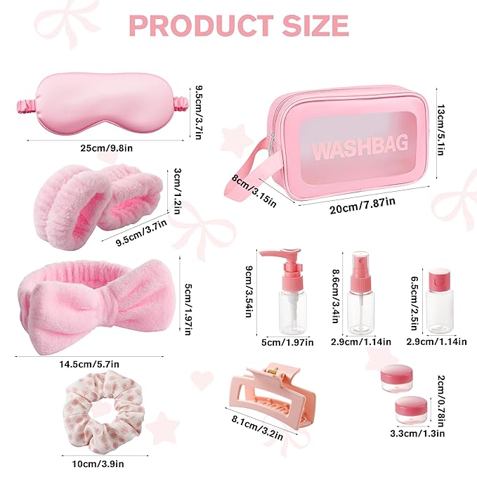 CWJCYTNSN 12PCS Spa Headband for Washing Face Wristbands Set Girls Pink Makeup Skincare Headbands with Silk Sleep Eye Mask Silicone Hair Clips Travel Bottles Hair Accessories for Women Gifts