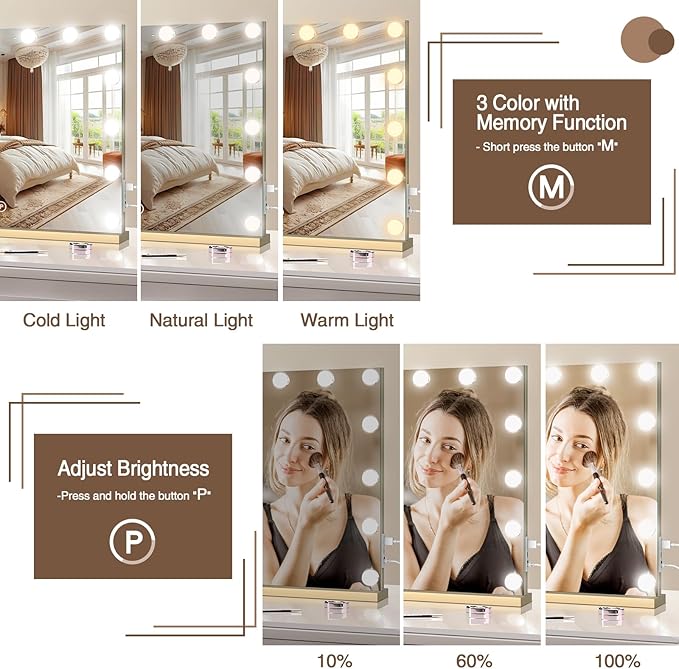 Vanity Makeup Mirror with Lights, 22.8" x 19" Large Light Up Mirror with Smart Touch 3 Colors Dimmable Gold