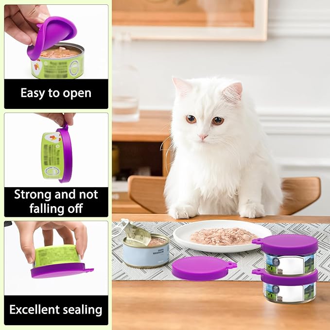 PINE & LINEN 4 Pcs 2.5inch Durable Pet Can Lids,Silicone Small Pet Can Covers Waterproof Cat Food Cans Lids for 3 oz Cat Food Cans（Purple）