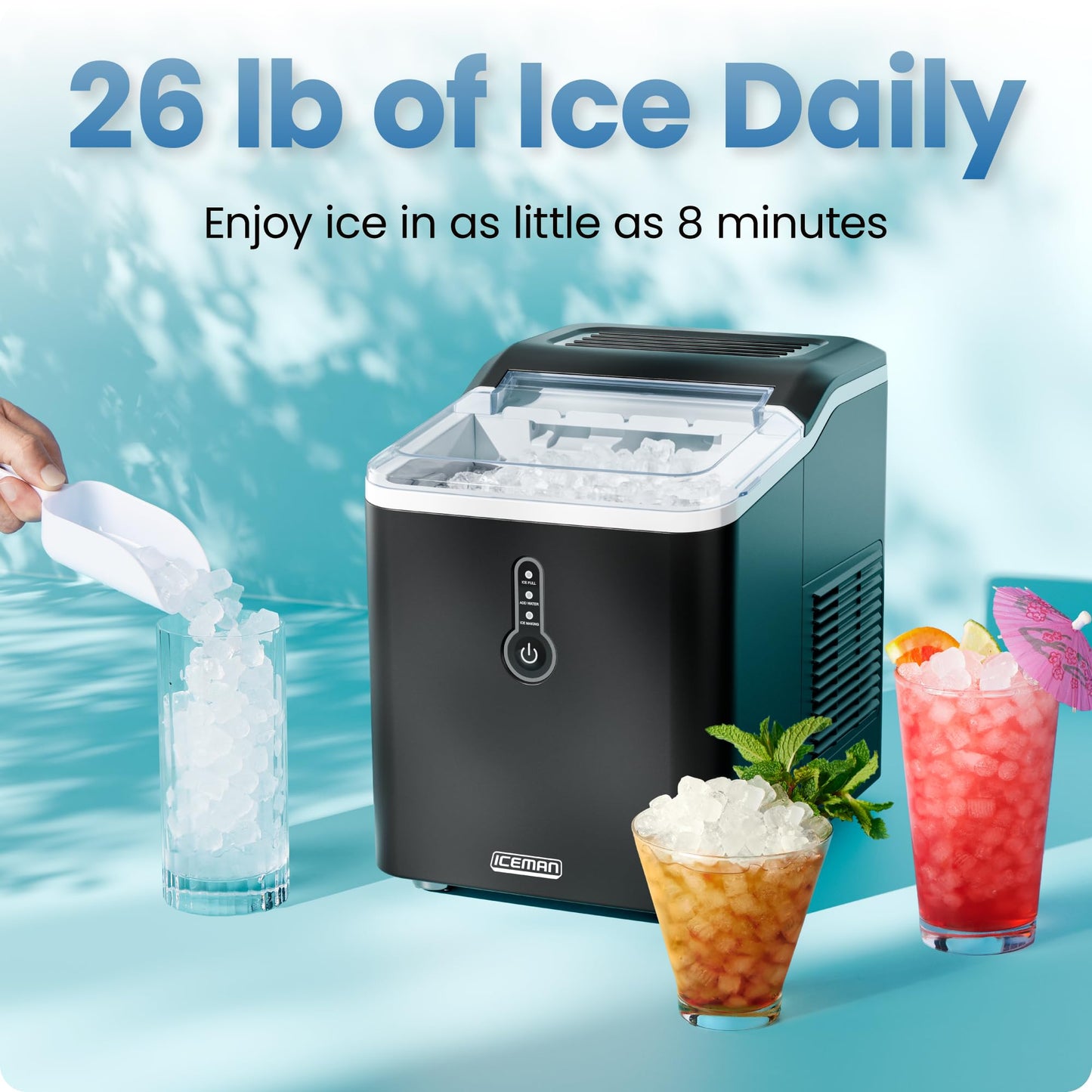 Iceman by Chefman Nugget Ice Maker Countertop, Pebble Ice Maker Machine, 26 lb in 24 Hours, Ready in 6 Minutes, Removable Ice Basket, Fun and Chewable Cubes, 1.5L Water Tank, Self-Cleaning Function