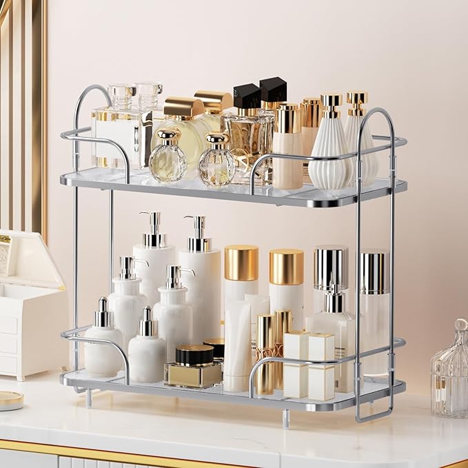 2 Tier Corner Bathroom Counter Organizer, Cosmetic Skincare Ã¯Â¼ÂBathroom Countertop Perfume Tray Vanity, Kitchen Spice Corner Storage Shelf