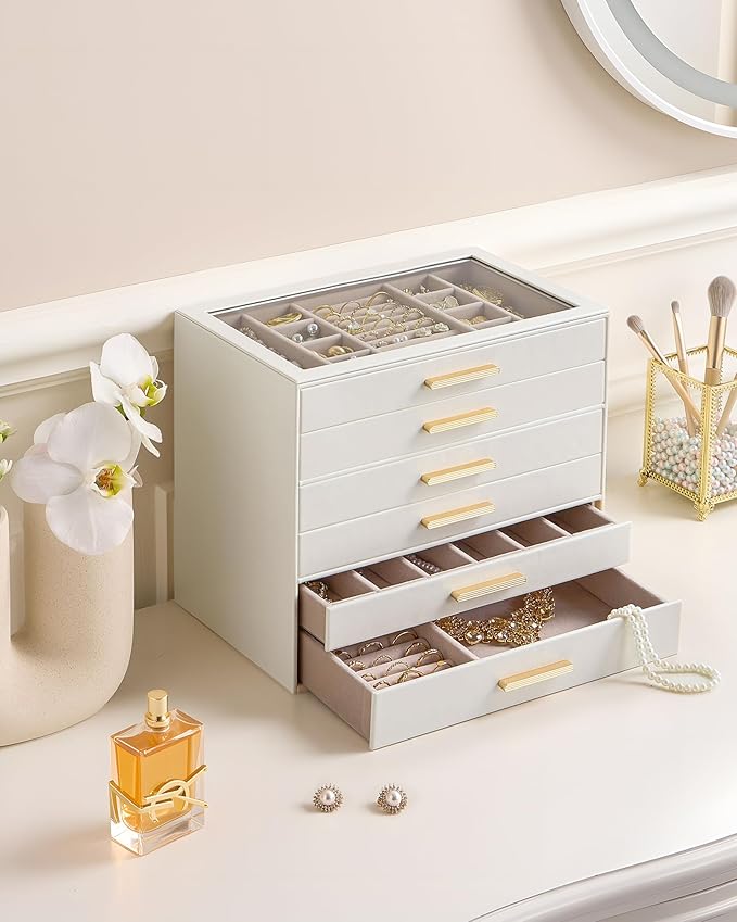 Lolalet Jewelry Box Organizer, 6-Layer Jewelry Organizers and Storage Case with Glass Lid, Ring Earring Bracelet Necklace Holder Organizer, Birthday Valentine Gifts for Women Girls -6Layer, Beige