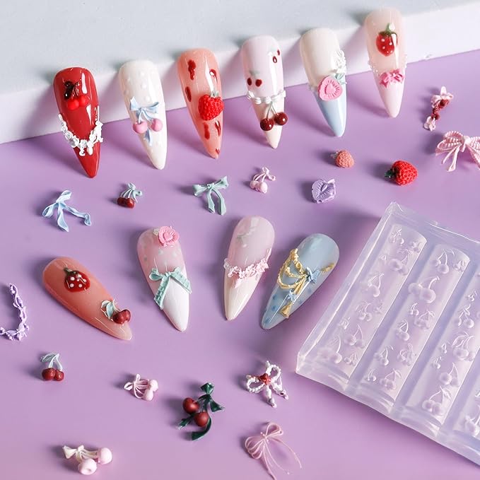 Laza 4pcs Silicone Nail Art Molds, Acrylic 3D Strawberry Bowknot Cherry Nail Charms Molds Clear Modeling Templates Fruit Pattern Nail Tools with Sculpture Pen for Salon Nail Design Resin Epoxy DIY