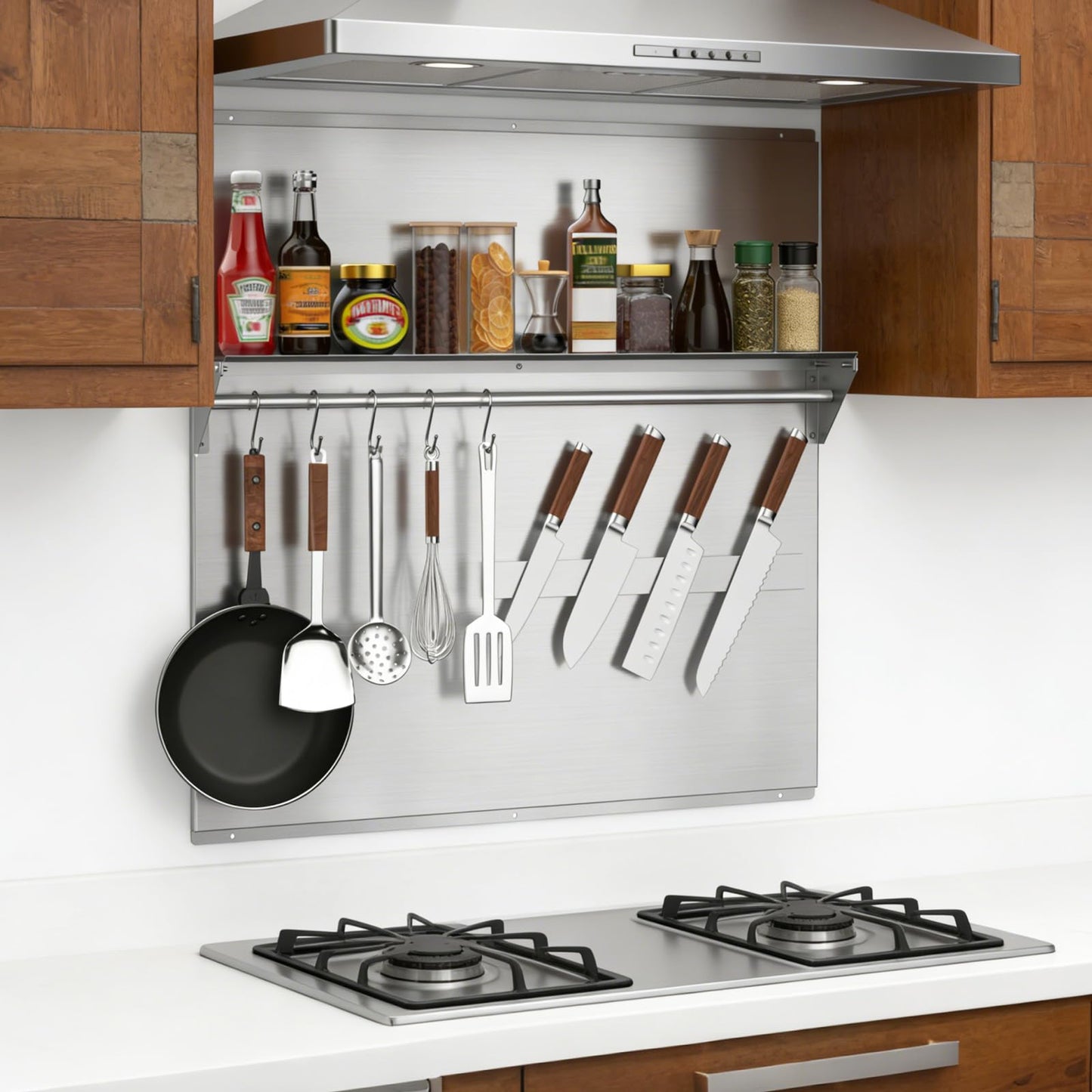 Vlaeng 30"x30" Stainless Steel Range Backsplash, Stove Backsplash With Storage Shelf & Magnetic Knife Rack, Stainless Steel Backsplash For Stove, Range Hood Wall Shield With Pre-Drilled Holes