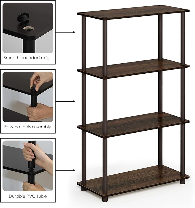 Furinno TURN-N-TUBE Storage Shelves, 4-Tier Toolless Book Shelf, Corner Shelf, Toolless Open Shelves, for Organization and Storage, Living Room, Garage, Home Office, Walnut