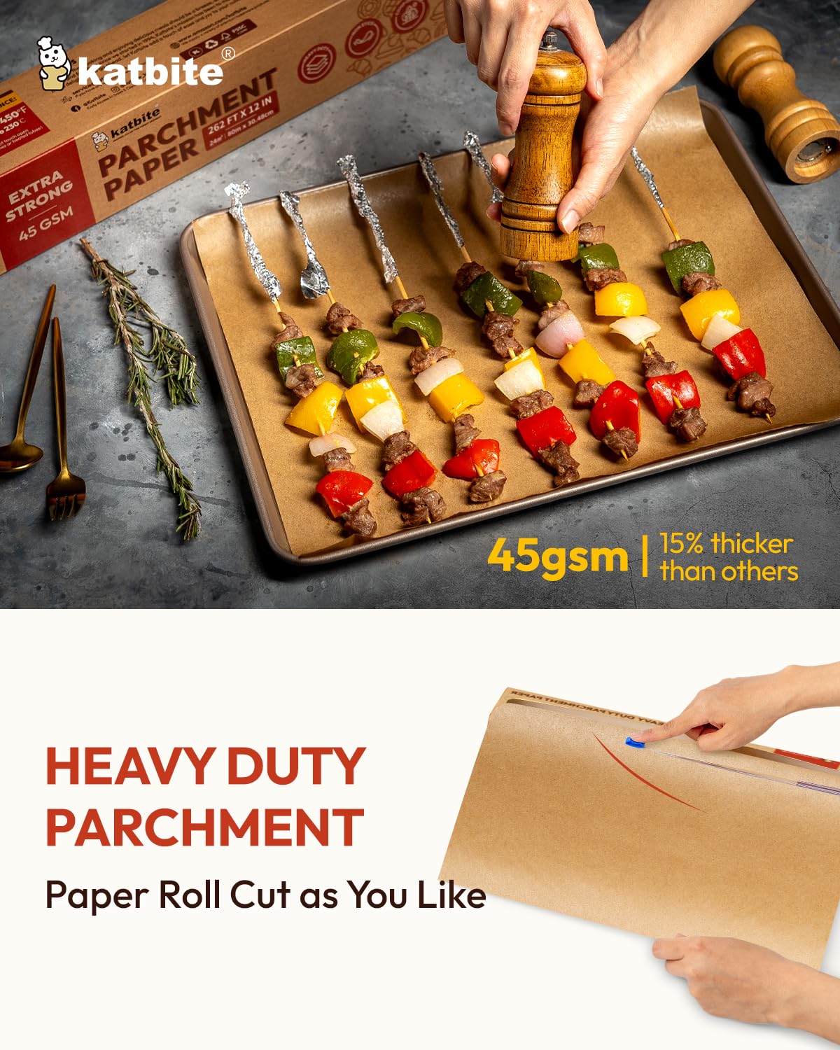 Unbleached Parchment Paper Roll for Baking 12in x 262ft, 260 Sq.Ft, Heavy Duty & Non-stick Baking Paper with Slide Cutter, Brown Parchment Paper for Cooking, Air Fryer, Steaming, Bread