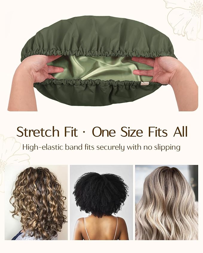 Yanibest Satin Lined Shower Cap for Women Reusable Waterproof, Frizz Free & Large Bath Cap with Soft Elastic Band, Luxury Hair Protection Caps (Green)