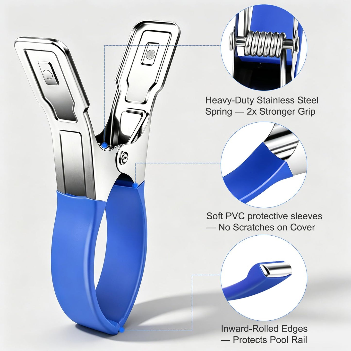 Pool Cover Clips Kit and Pool Cover Side Organizer Straps, Heavy Duty Stainless Steel Pool Cover Clamps with Soft PVC Sleeves, Adjustable Pool Cover Straps for Above Ground Pool, Wind Guard Clip Set