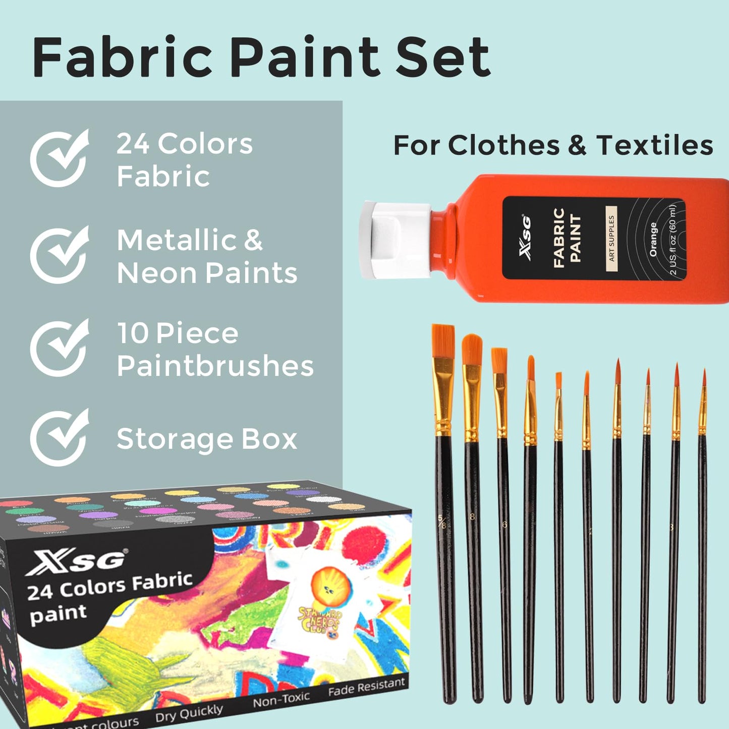 24 Colors Fabric Paint For Clothes Permanent, Soft Fabric Paint in Bottles with 10 Brushes ，Stencils& Palette,Non-Toxic Textile Paint for Shoes，Jeans ，Bags& DlY Projects(60ml/2oz)