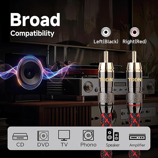 TODN Shielded RCA Audio Cables Audiophile Male to Male OFC RCA Stereo Cable for Car Audio, HiFi Systems (9.8ft/3m, 1 Pair)