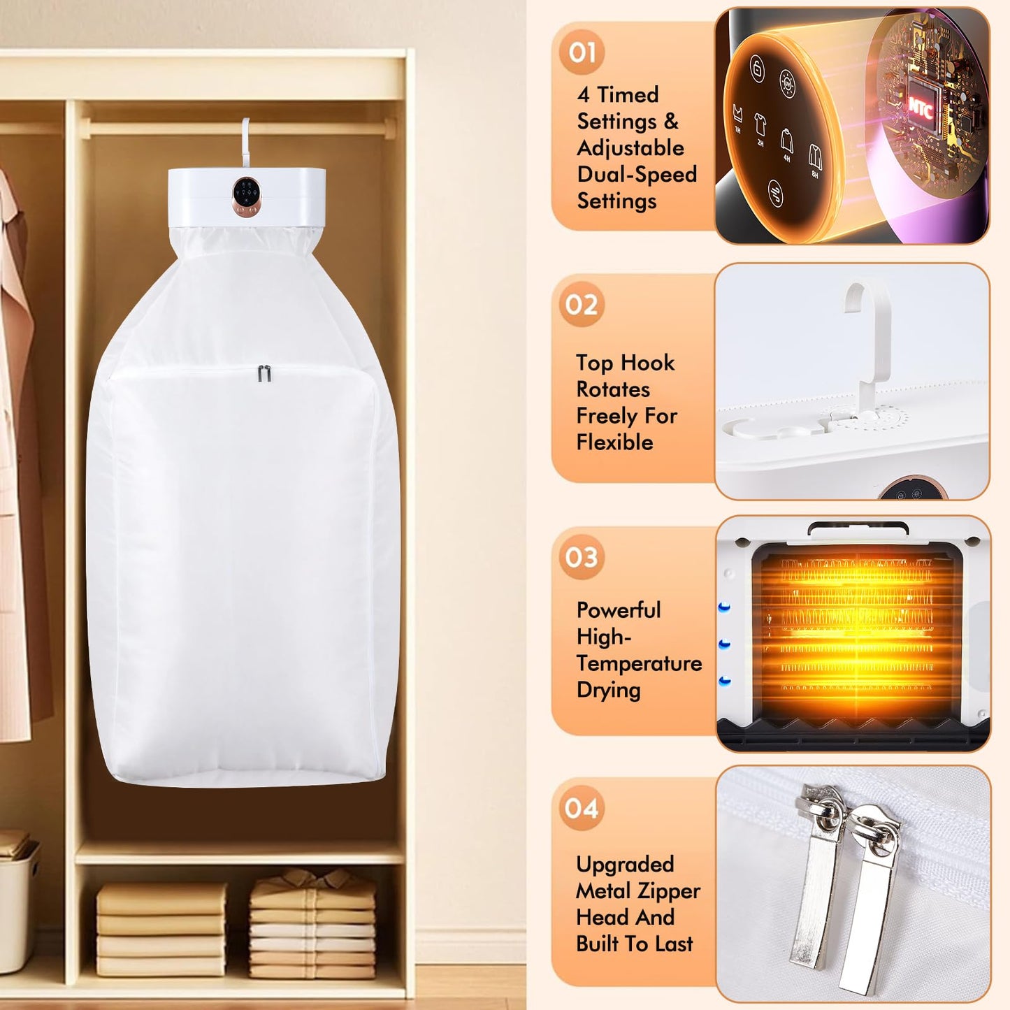 Portable Clothes Dryer for Laundry, Mini & Compact Dryer for Apartment, Dorms, RV, Travel, with 4 Timer Settings (1H/2H/4H/8H), 167°F Constant Temperature