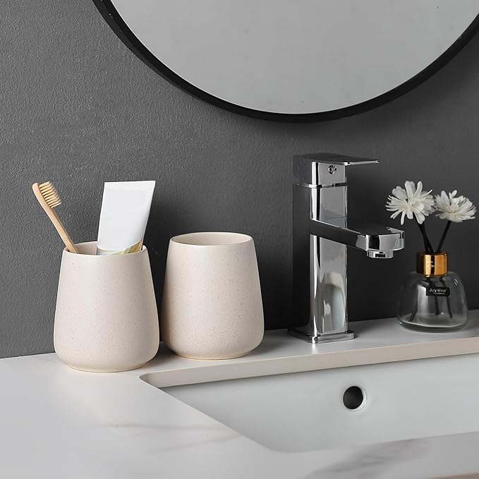Beige Toothbrush Holder for Bathroom - 2Pcs Ceramic Tooth Brushing Holders Set, Toothbrush Cup & Toothpaste Organizer for Bathroom Countertop, Makeup Brush Holder, Pen Holder for Home Desktop Storage