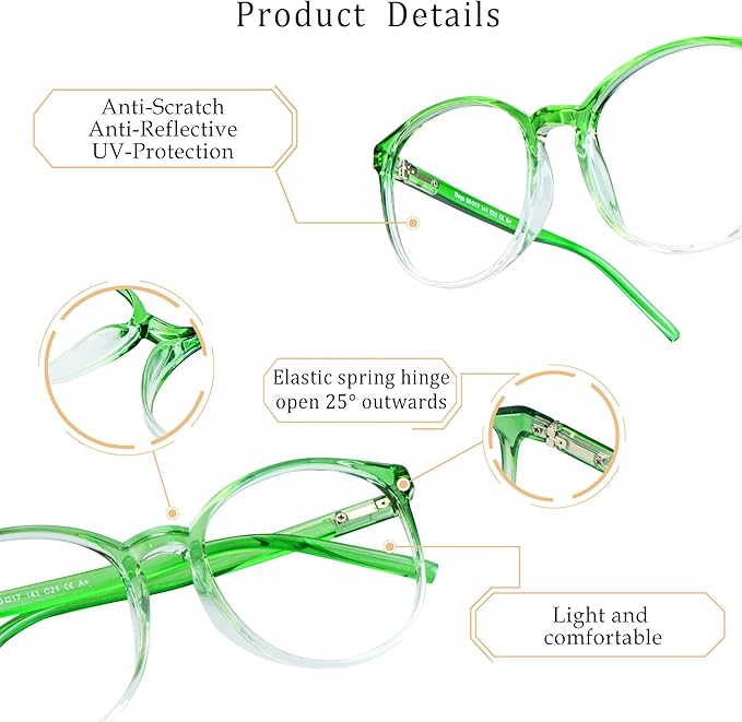 LifeArt Round Blue Light Blocking Glasses, Computer Glasses, Gaming Glasses, TV Glasses for Women Men (Clear Green, 4.75 Magnification)