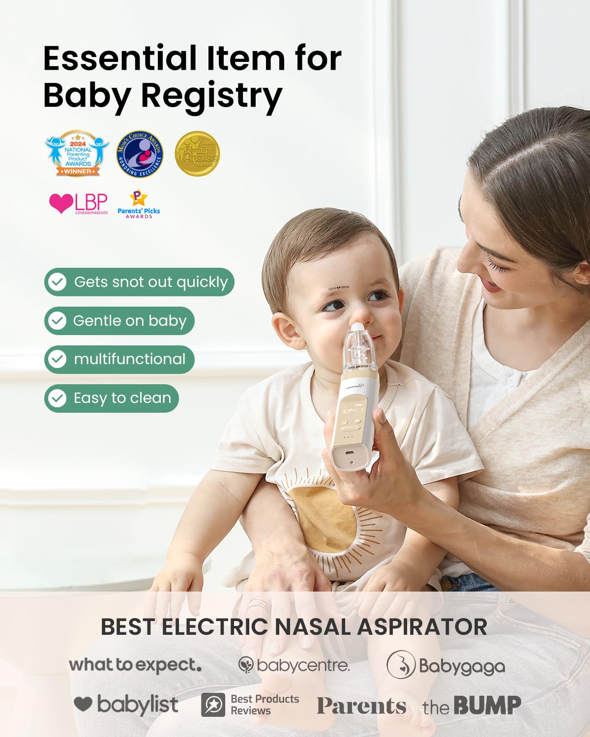 GROWNSY Nasal Aspirator for Baby, Electric Baby Nose Sucker, Automatic Nose Cleaner with Larger Suction Chamber and More Powerful Suction, Music and Light Soothing Function, Beige